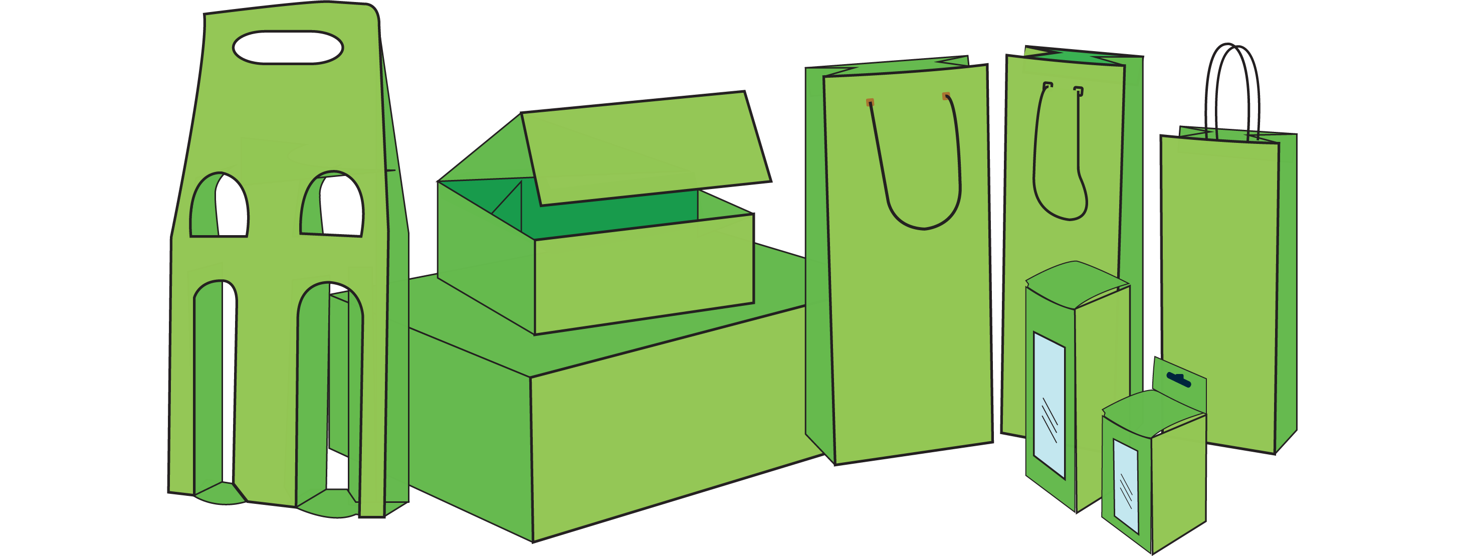 Composizione digitale raffigurante vari packaging dal colore verde acceso. Sono presenti ad esempio: una shopper, un porta bottiglie doppio e delle scatole