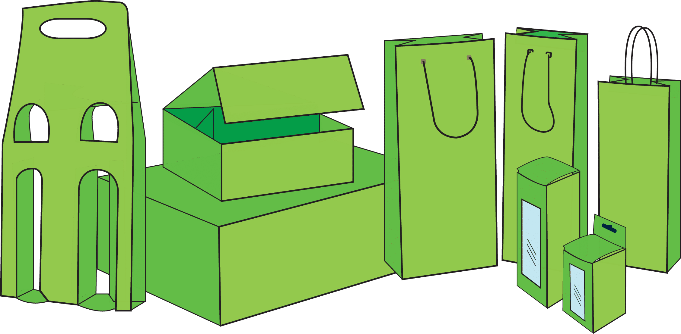 Composizione illustrata di vari tipi di packaging verdi