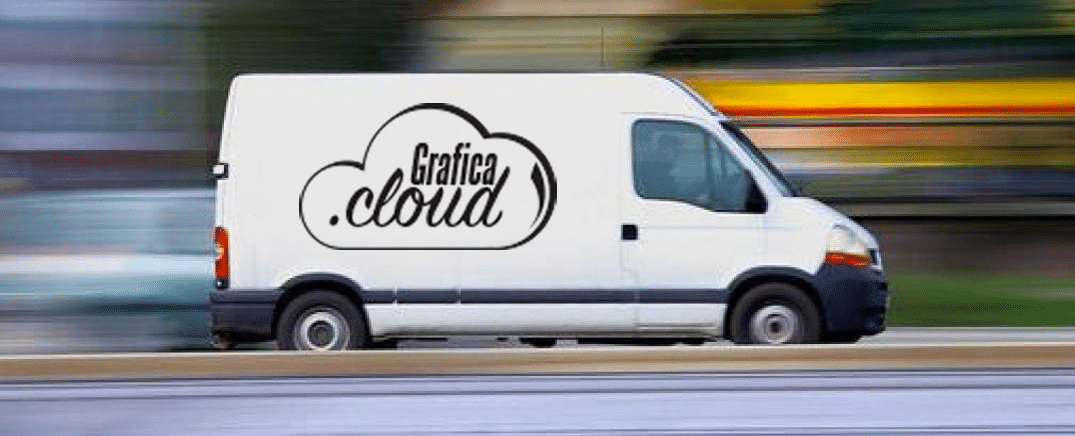 Furgone bianco con il logo grafica.cloud sulla fiancata sinistra