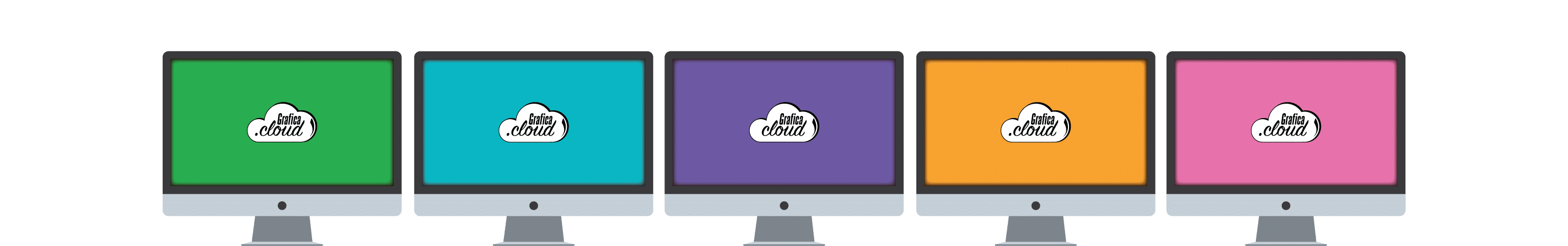 Composizione illustrata di 5 computer apple affiancati. Ognuno ha lo schermo di un colore differente con il logo grafica.cloud